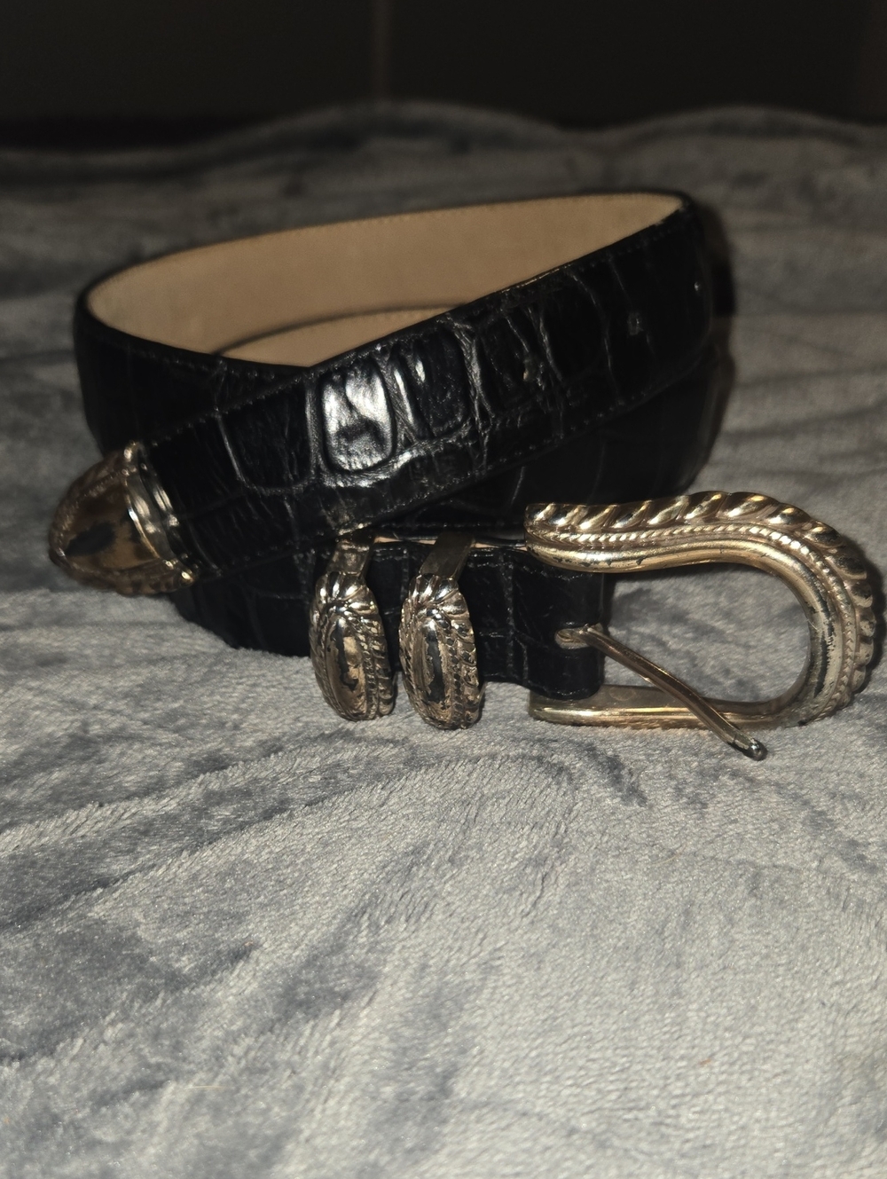 Brighton Black Leather Croc Belt with Silver/Gold Hardware-Size Large
